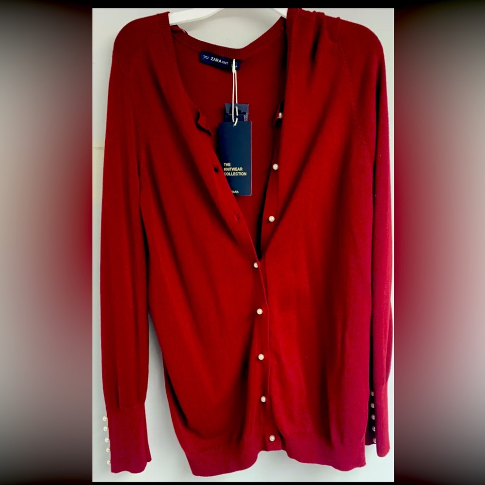 BRAND NEW WITH TAG ZARA KNIT CARDIGAN SWEATER PEARL BUTTONS RED SIZE LARGE